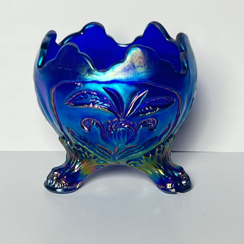 Vtg Imperial Glass Iridescent Blue Aurora Jewels Footed Egg Dish Trinket Bowl